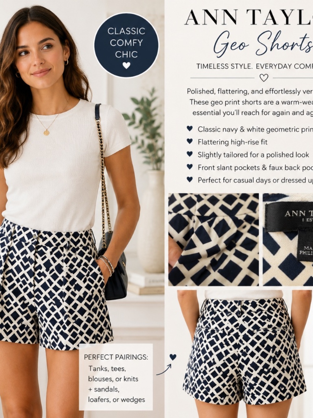 Ann Taylor Navy & White Geometric Print Tailored Shorts Size 2